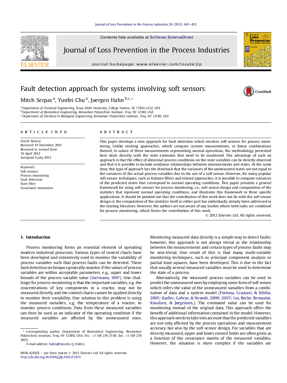 Fault detection approach for systems involving soft sensors