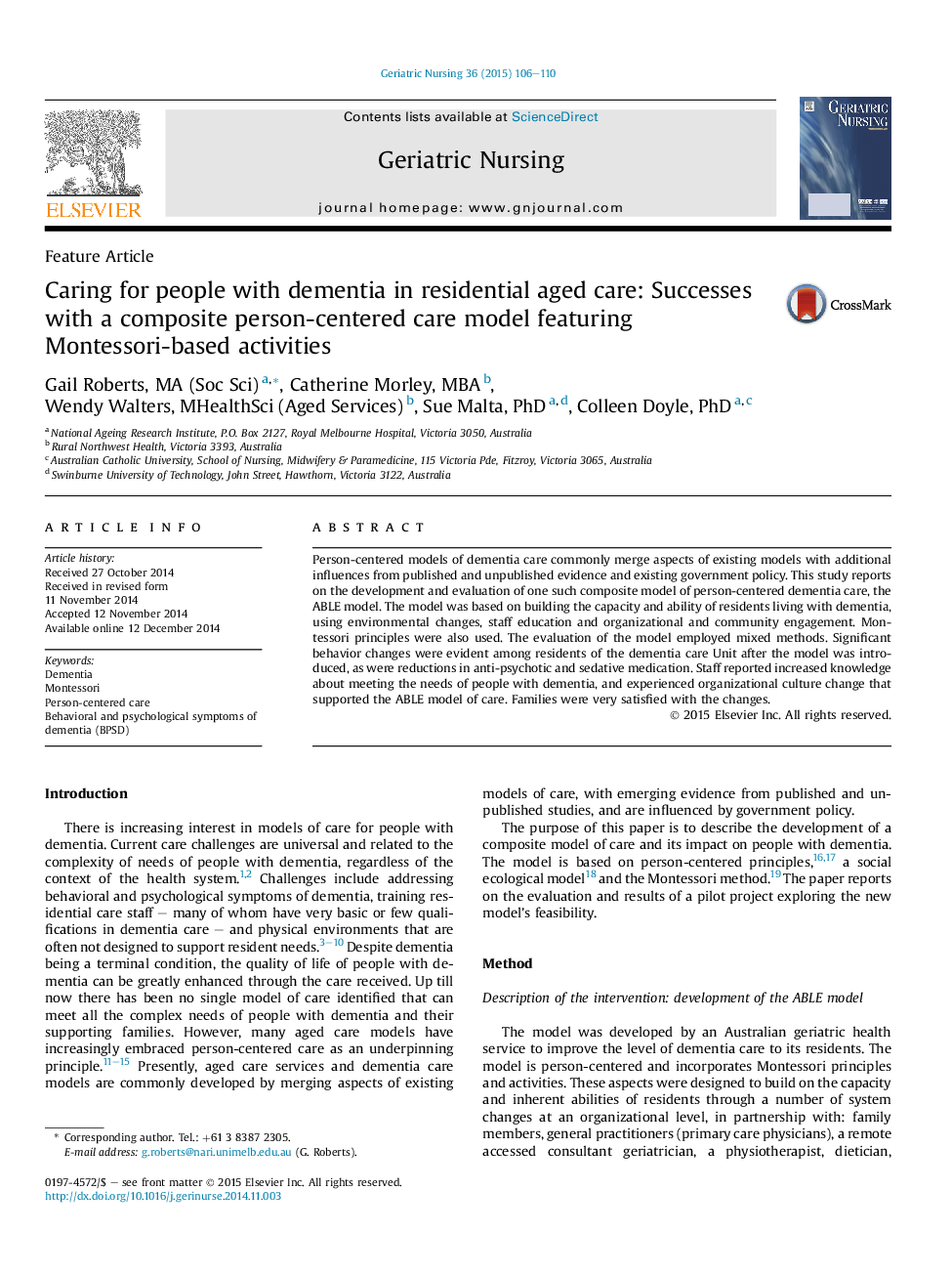 Caring for people with dementia in residential aged care: Successes with a composite person-centered care model featuring Montessori-based activities