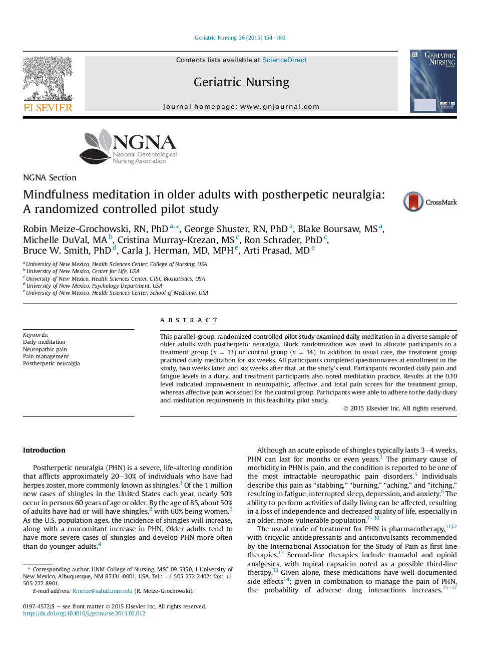 DepartmentNGNA SectionMindfulness meditation in older adults with postherpetic neuralgia: A randomized controlled pilot study