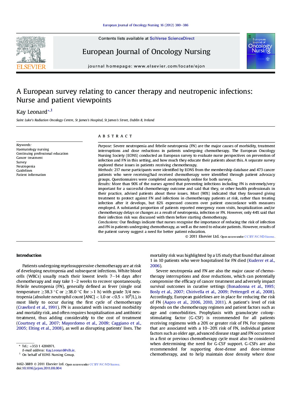 A European survey relating to cancer therapy and neutropenic infections: Nurse and patient viewpoints