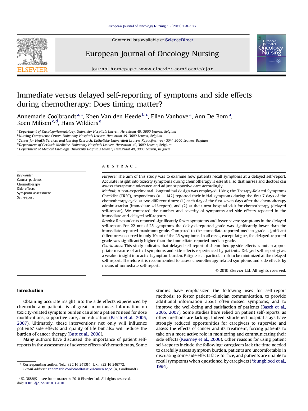 Immediate versus delayed self-reporting of symptoms and side effects during chemotherapy: Does timing matter?