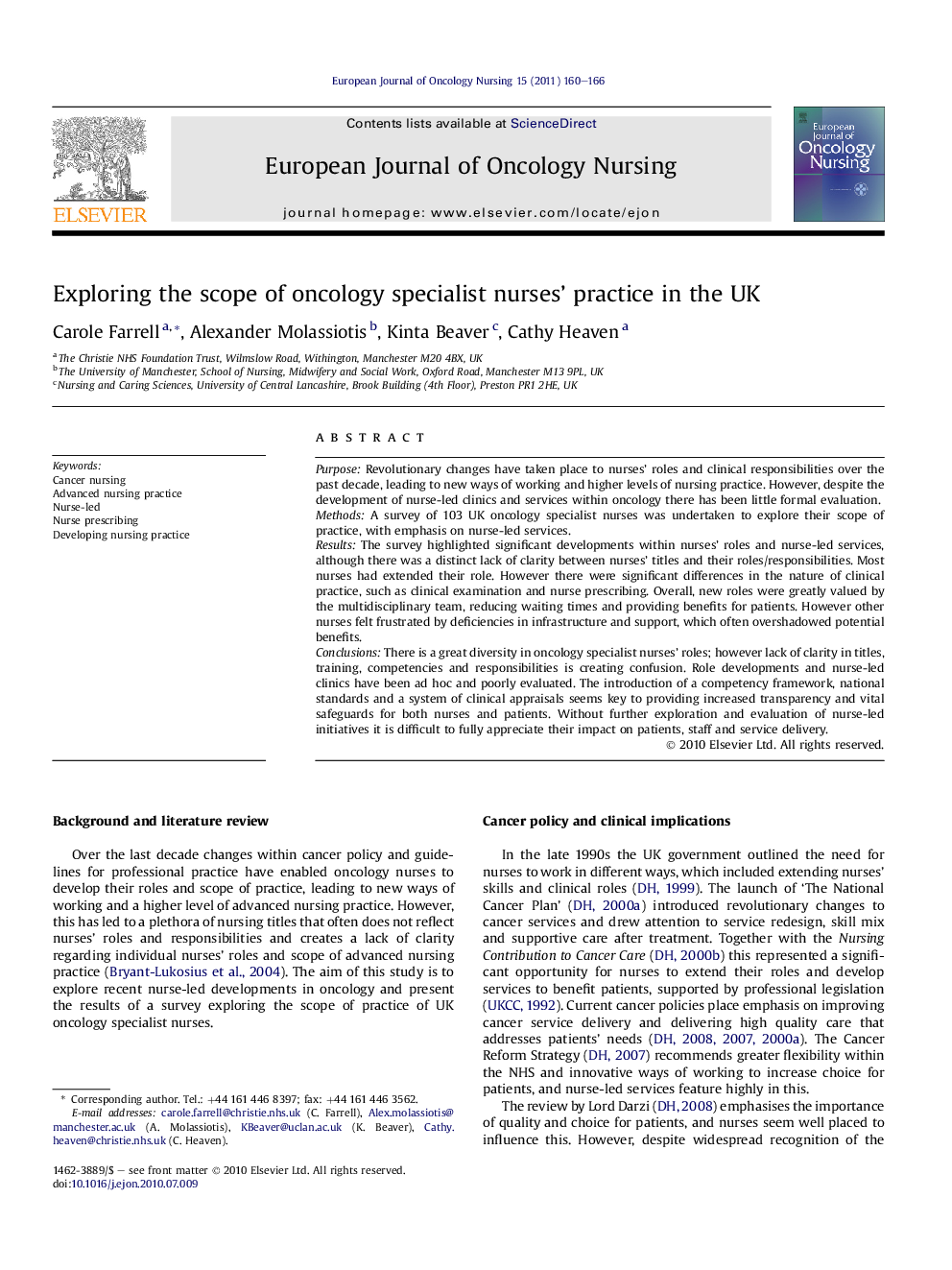 Exploring the scope of oncology specialist nurses' practice in the UK