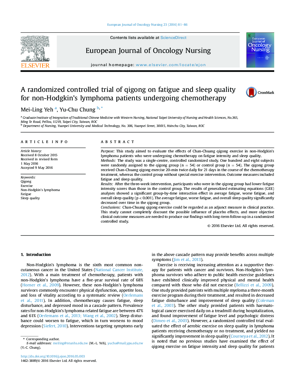 A randomized controlled trial of qigong on fatigue and sleep quality for non-Hodgkin's lymphoma patients undergoing chemotherapy