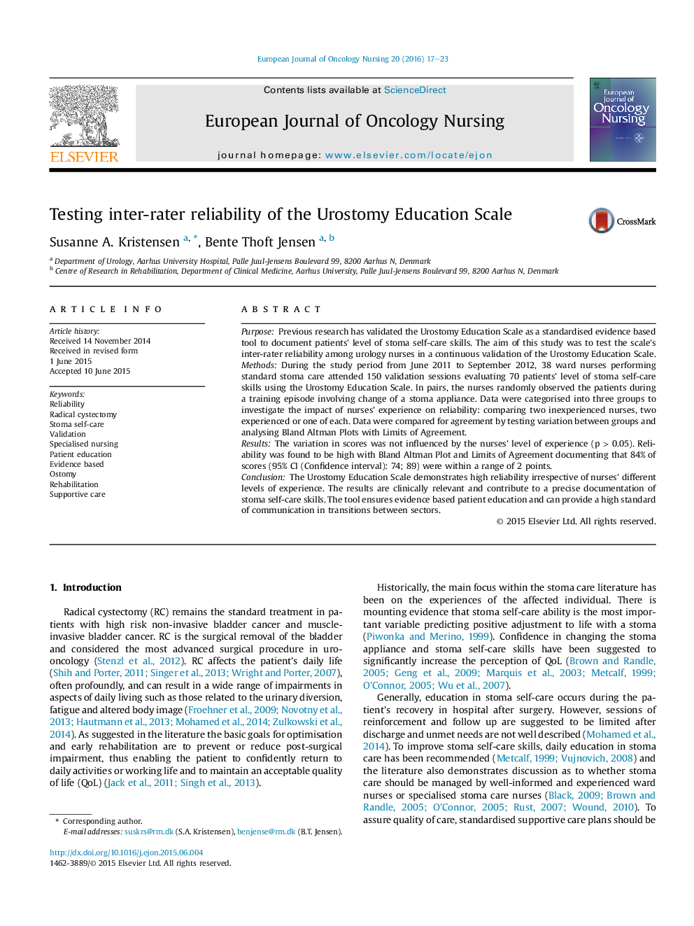 Testing inter-rater reliability of the Urostomy Education Scale