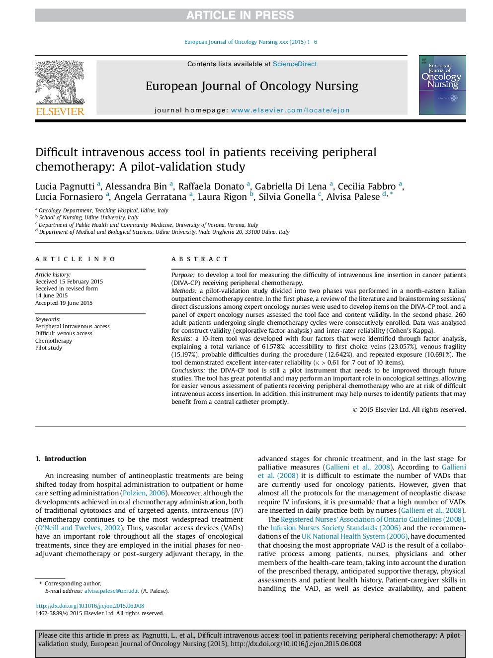 Difficult intravenous access tool in patients receiving peripheral chemotherapy: A pilot-validation study