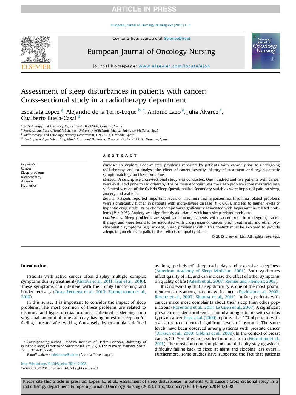 Assessment of sleep disturbances in patients with cancer: Cross-sectional study in a radiotherapy department