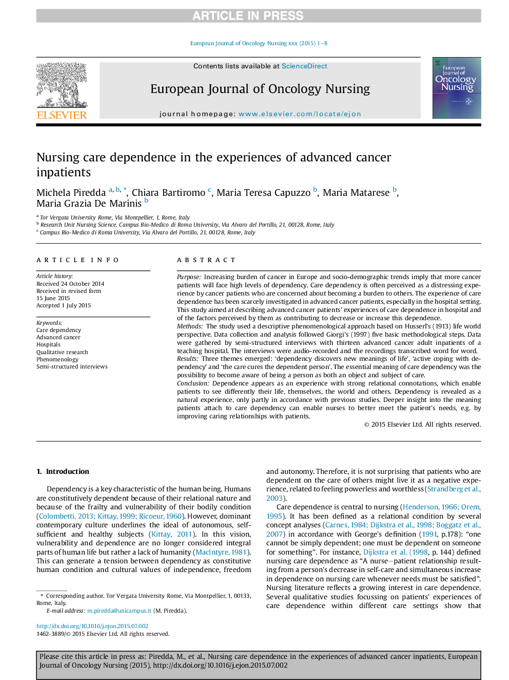 Nursing care dependence in the experiences of advanced cancer inpatients