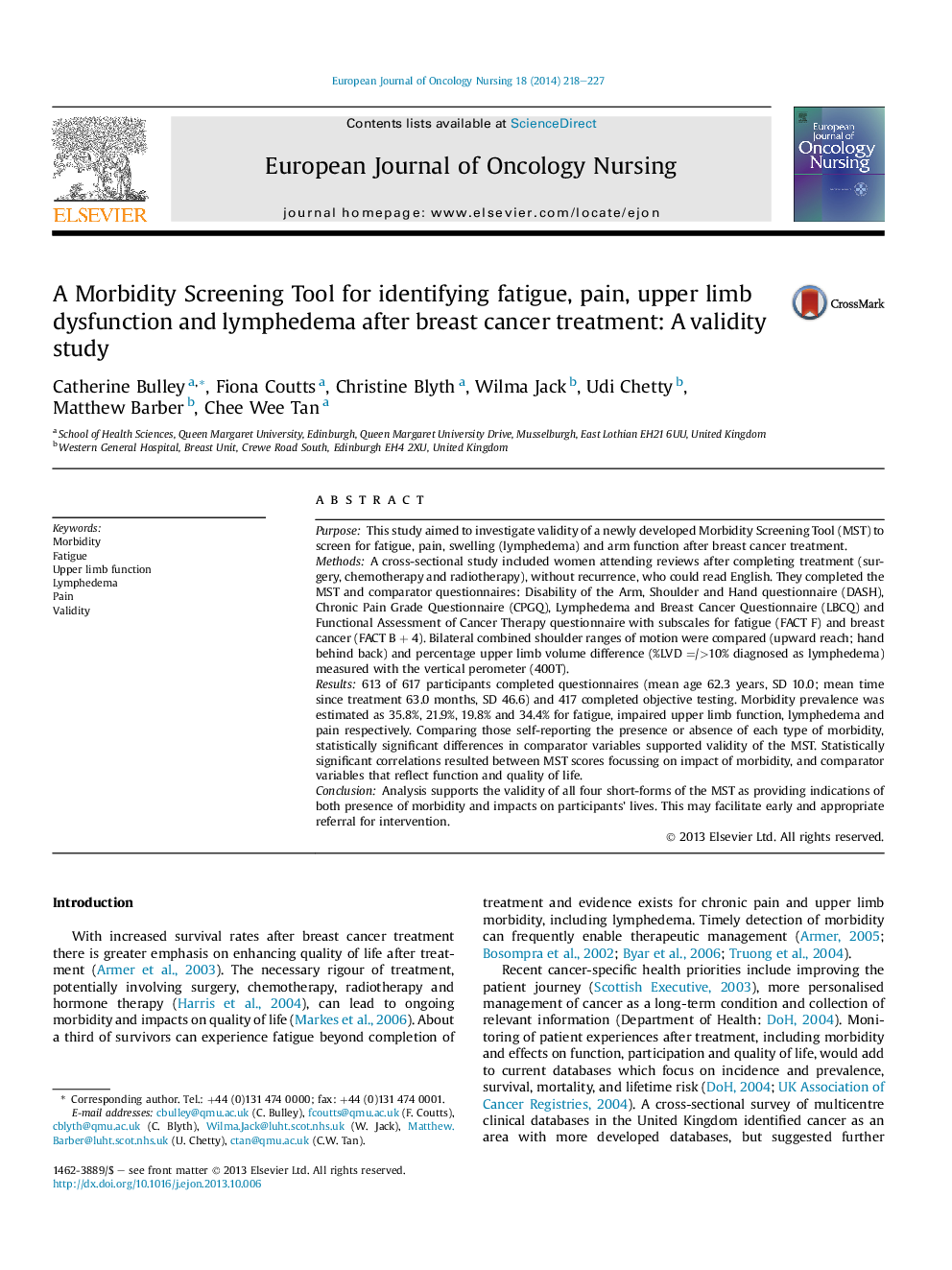 A Morbidity Screening Tool for identifying fatigue, pain, upper limb dysfunction and lymphedema after breast cancer treatment: A validity study