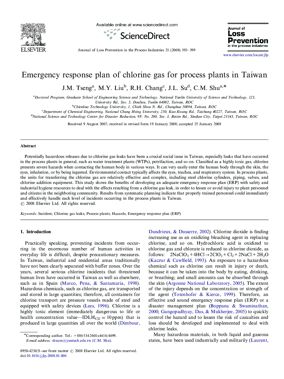 Emergency response plan of chlorine gas for process plants in Taiwan