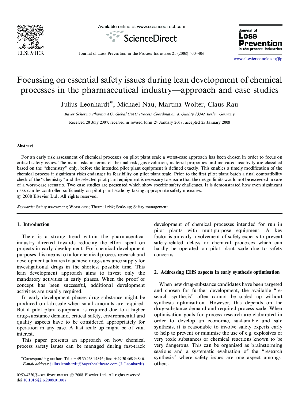 Focussing on essential safety issues during lean development of chemical processes in the pharmaceutical industry—approach and case studies