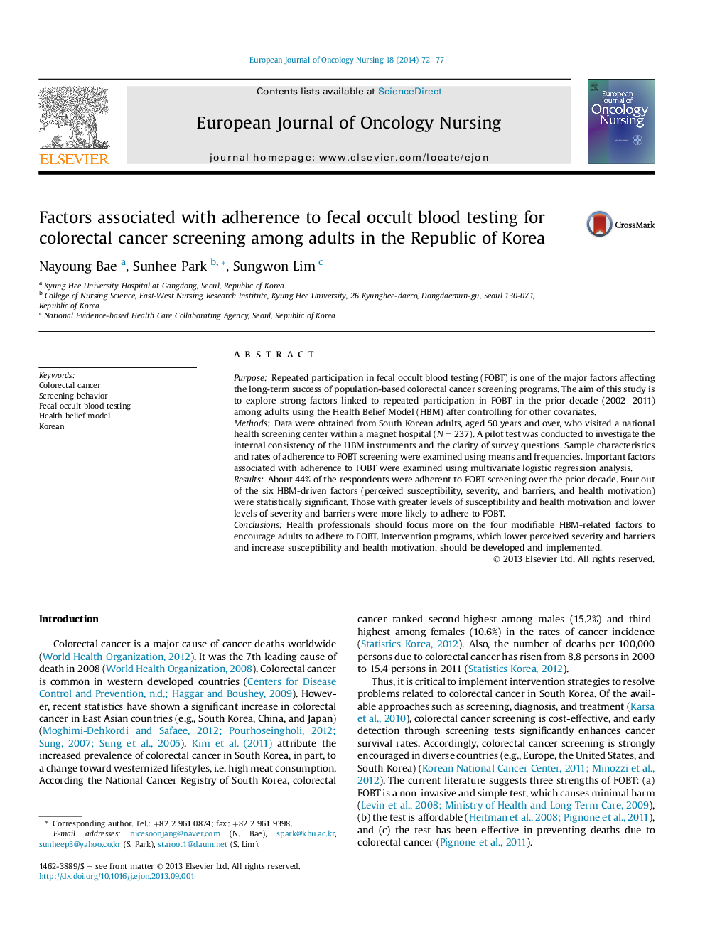 Factors associated with adherence to fecal occult blood testing for colorectal cancer screening among adults in the Republic of Korea