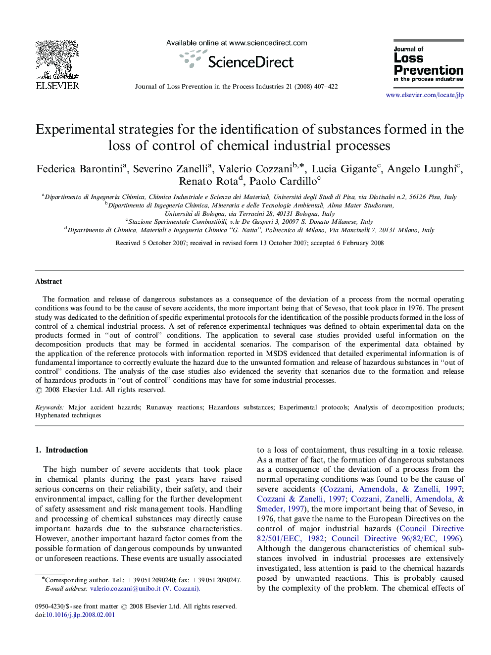 Experimental strategies for the identification of substances formed in the loss of control of chemical industrial processes