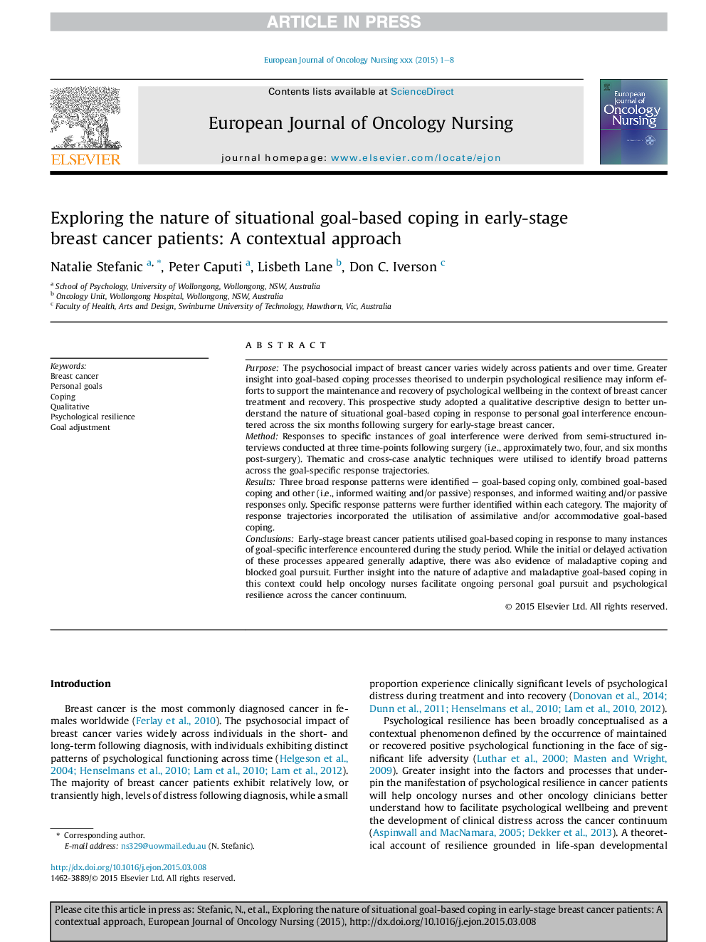 Exploring the nature of situational goal-based coping in early-stage breast cancer patients: A contextual approach