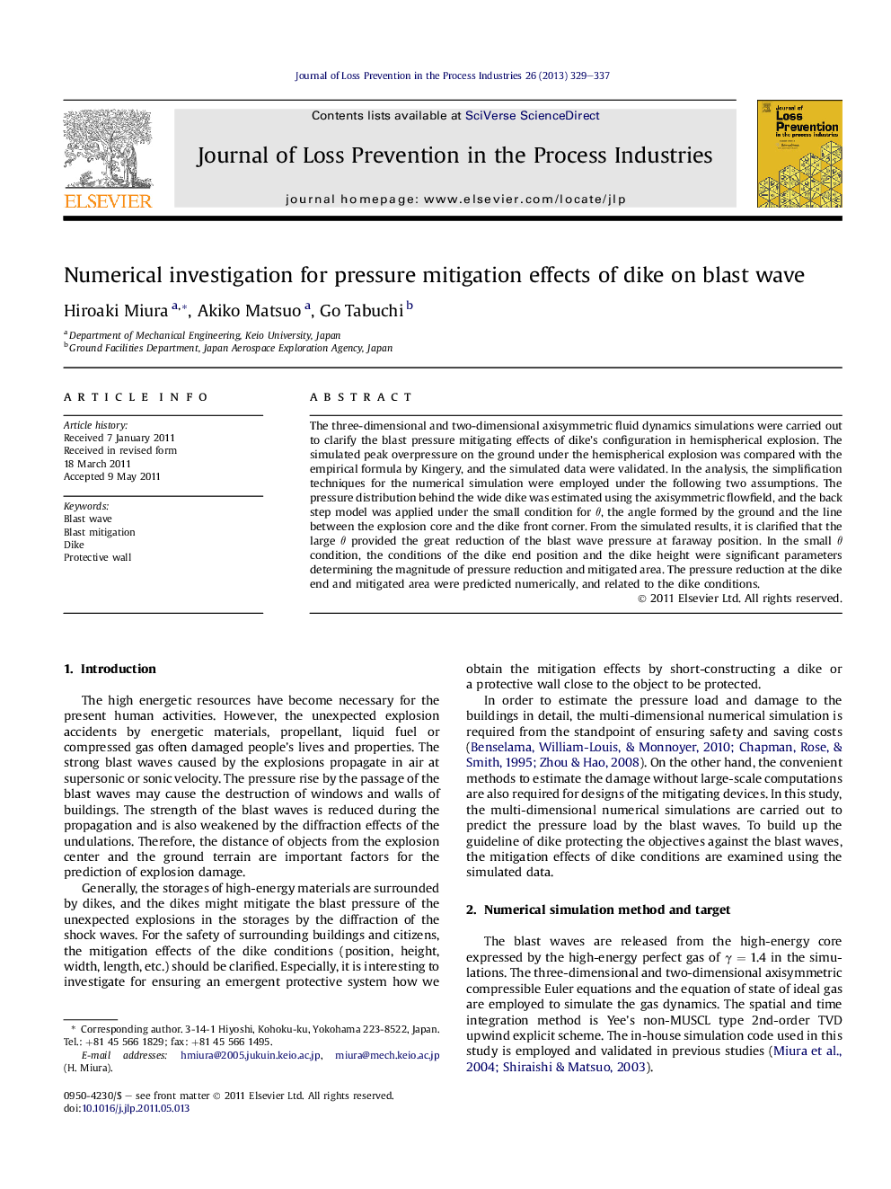 Numerical investigation for pressure mitigation effects of dike on blast wave