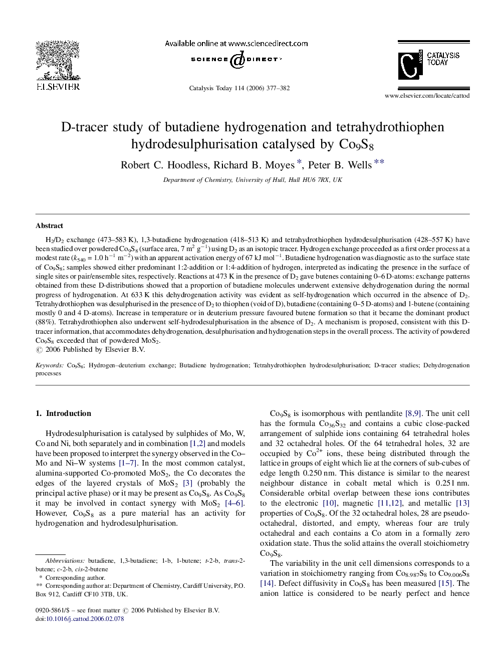 D-tracer study of butadiene hydrogenation and tetrahydrothiophen hydrodesulphurisation catalysed by Co9S8