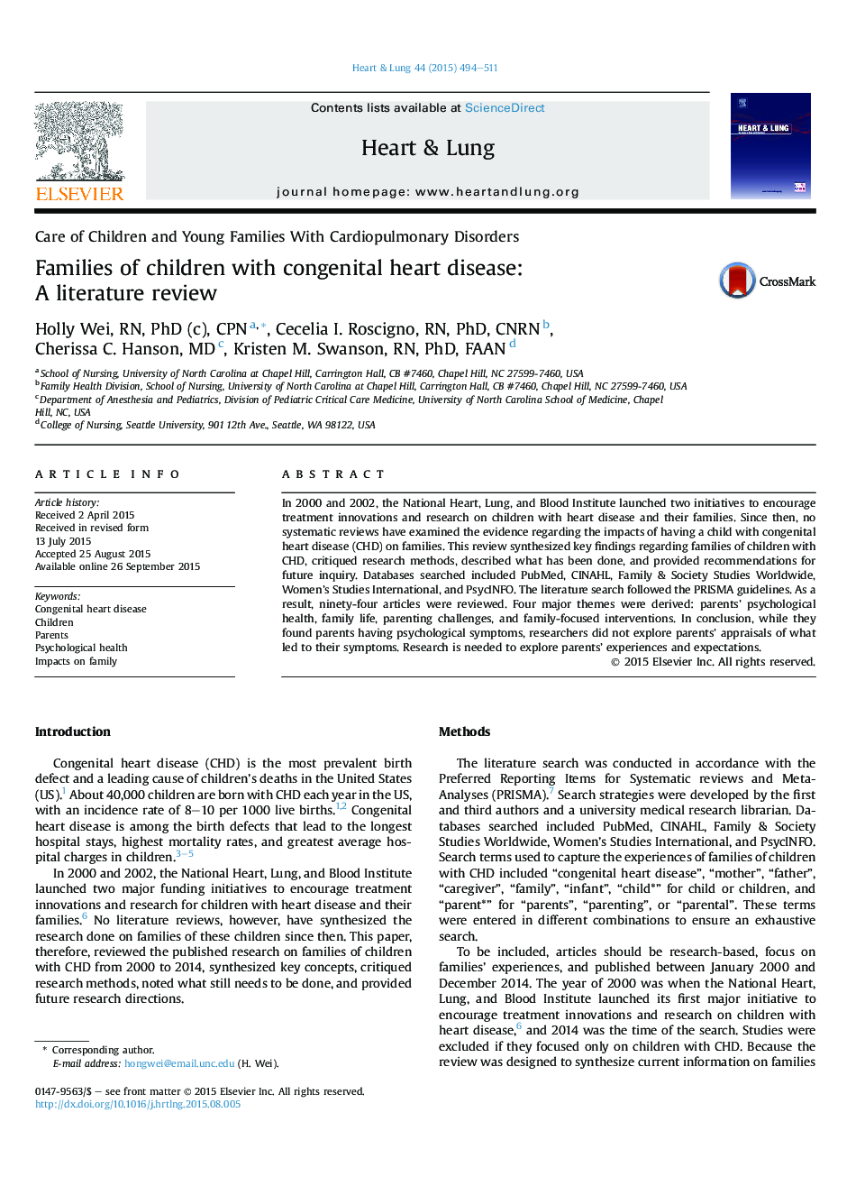 Families of children with congenital heart disease: A literature review