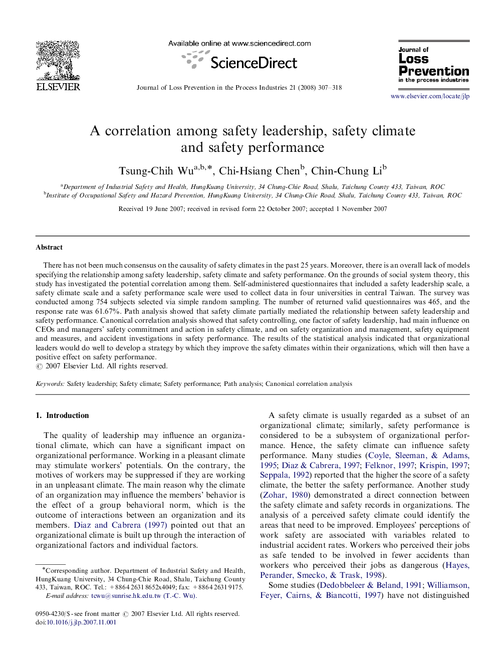 A correlation among safety leadership, safety climate and safety performance