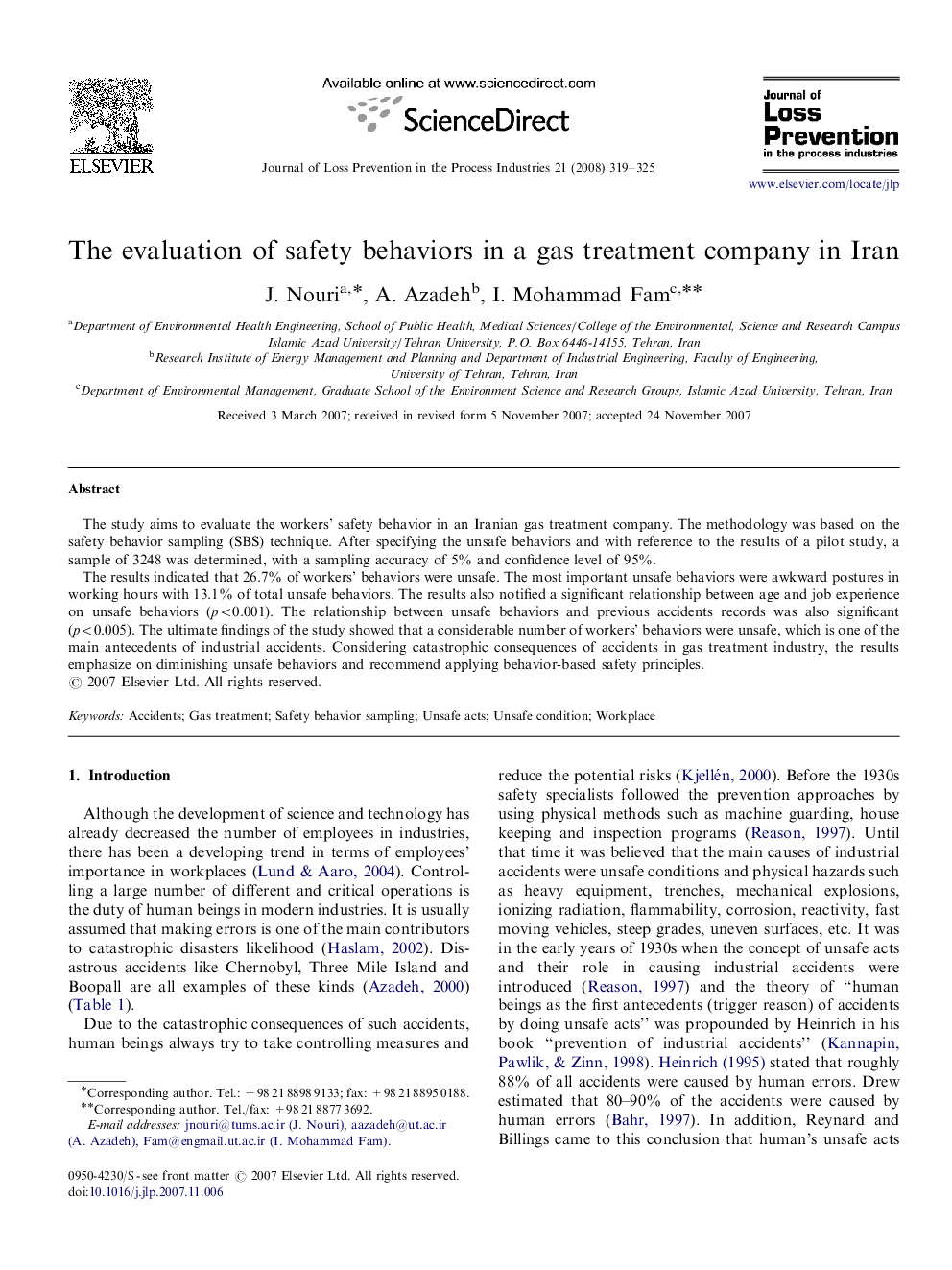 The evaluation of safety behaviors in a gas treatment company in Iran