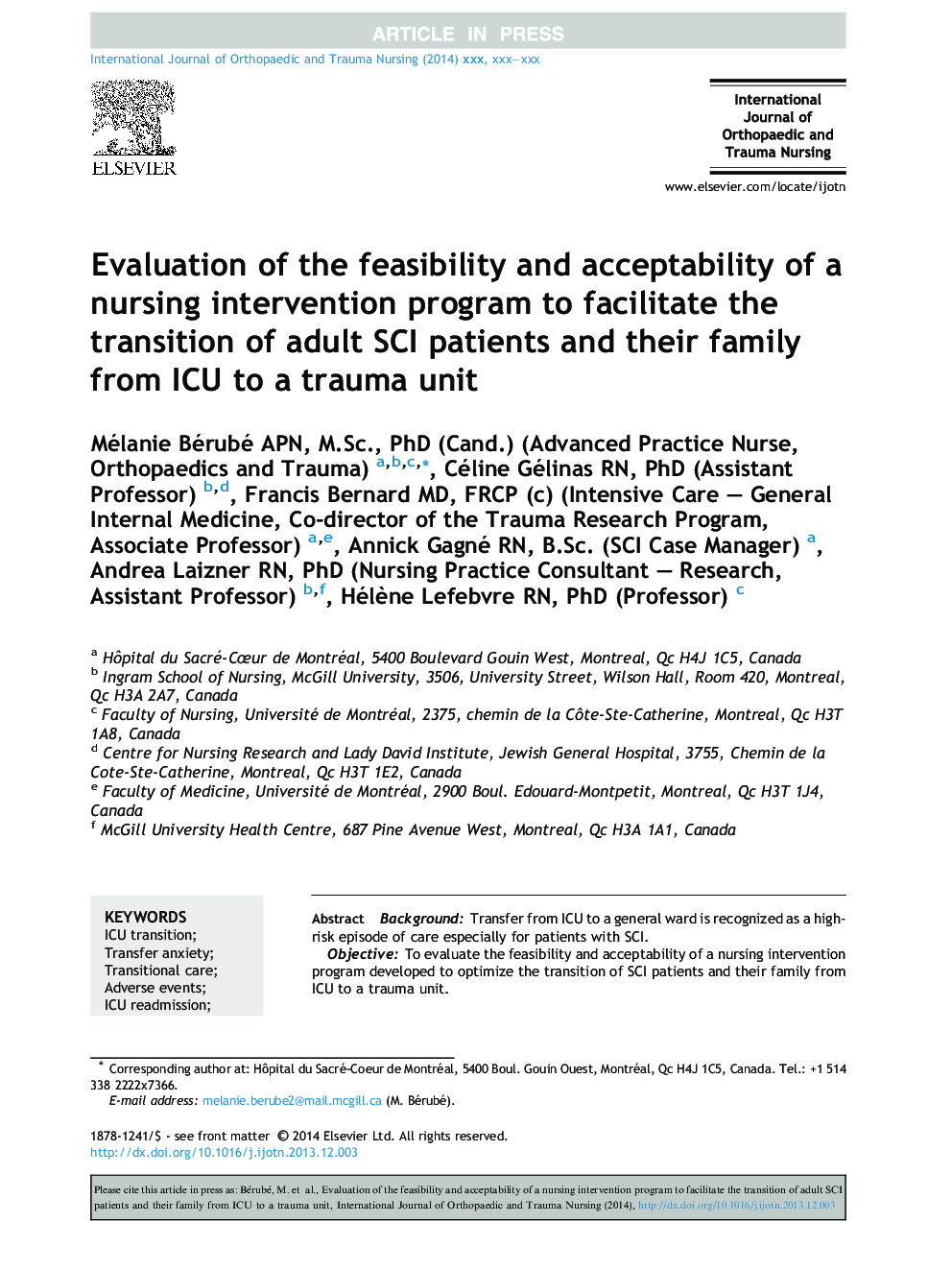 Evaluation of the feasibility and acceptability of a nursing intervention program to facilitate the transition of adult SCI patients and their family from ICU to a trauma unit