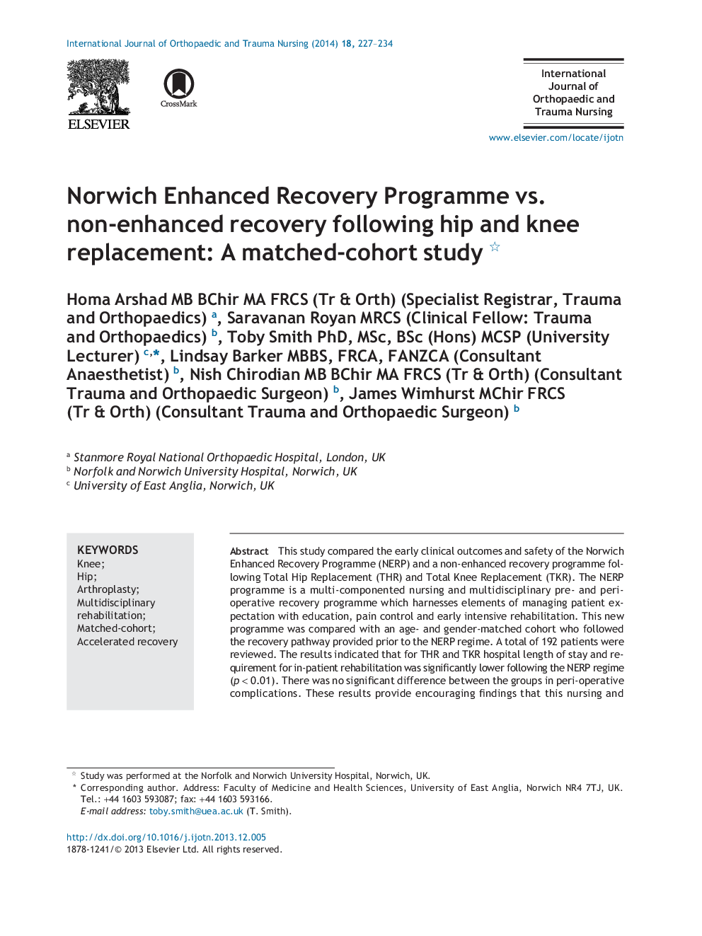 Norwich Enhanced Recovery Programme vs. non-enhanced recovery following hip and knee replacement: A matched-cohort study