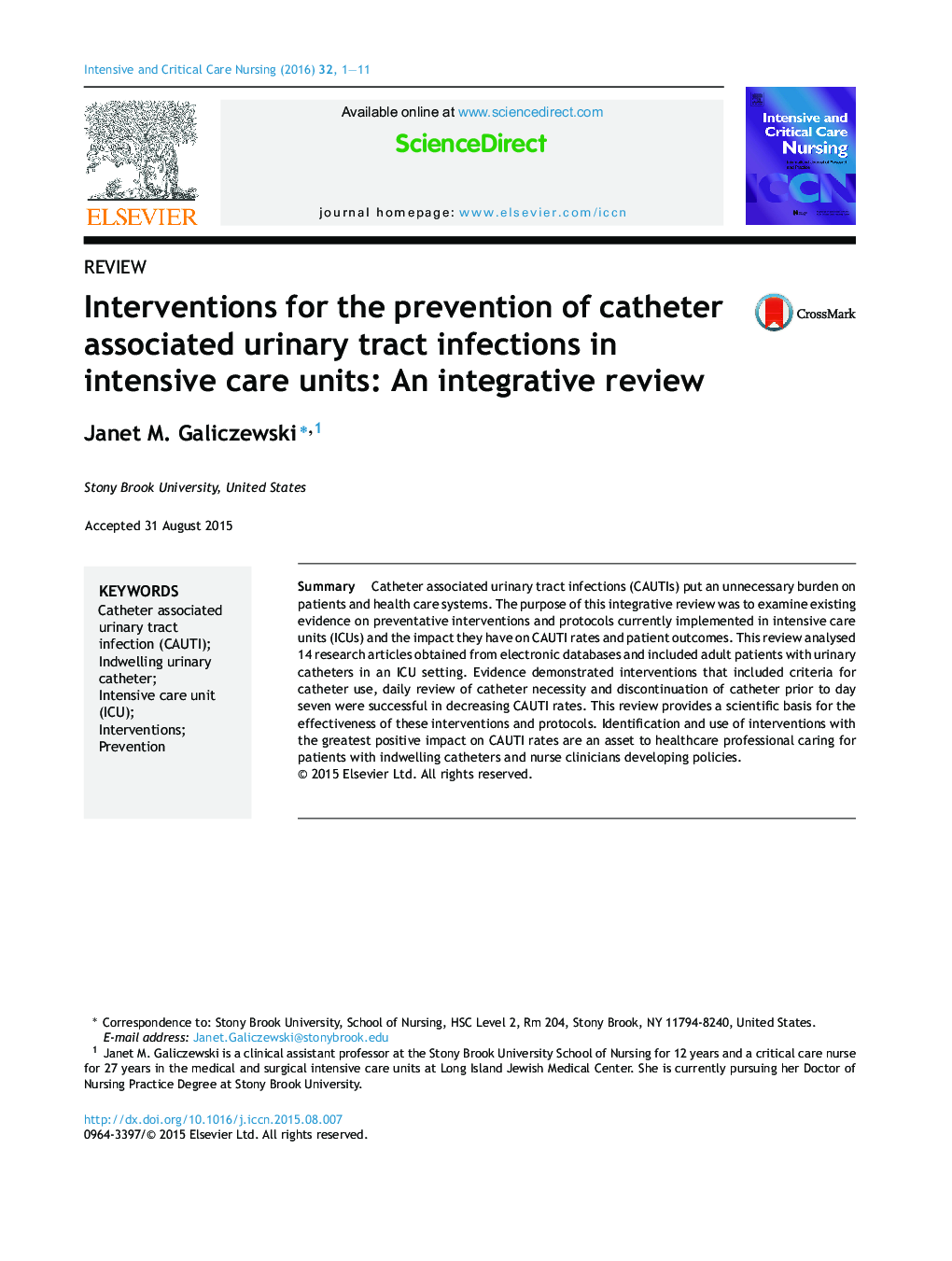 ReviewInterventions for the prevention of catheter associated urinary tract infections in intensive care units: An integrative review