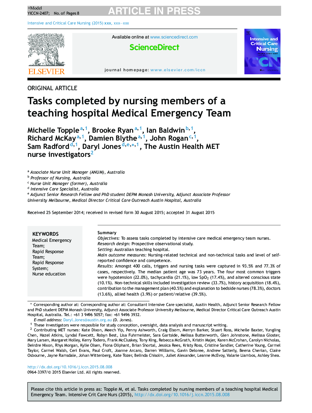 Tasks completed by nursing members of a teaching hospital Medical Emergency Team