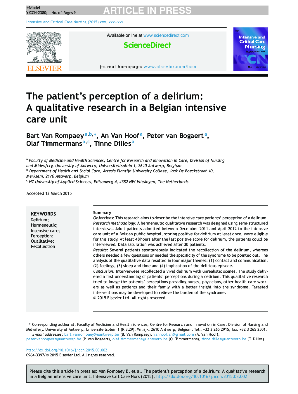 The patient's perception of a delirium: A qualitative research in a Belgian intensive care unit