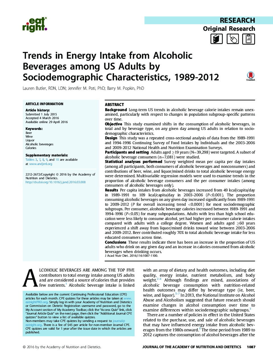 Trends in Energy Intake from Alcoholic Beverages among US Adults by Sociodemographic Characteristics, 1989-2012