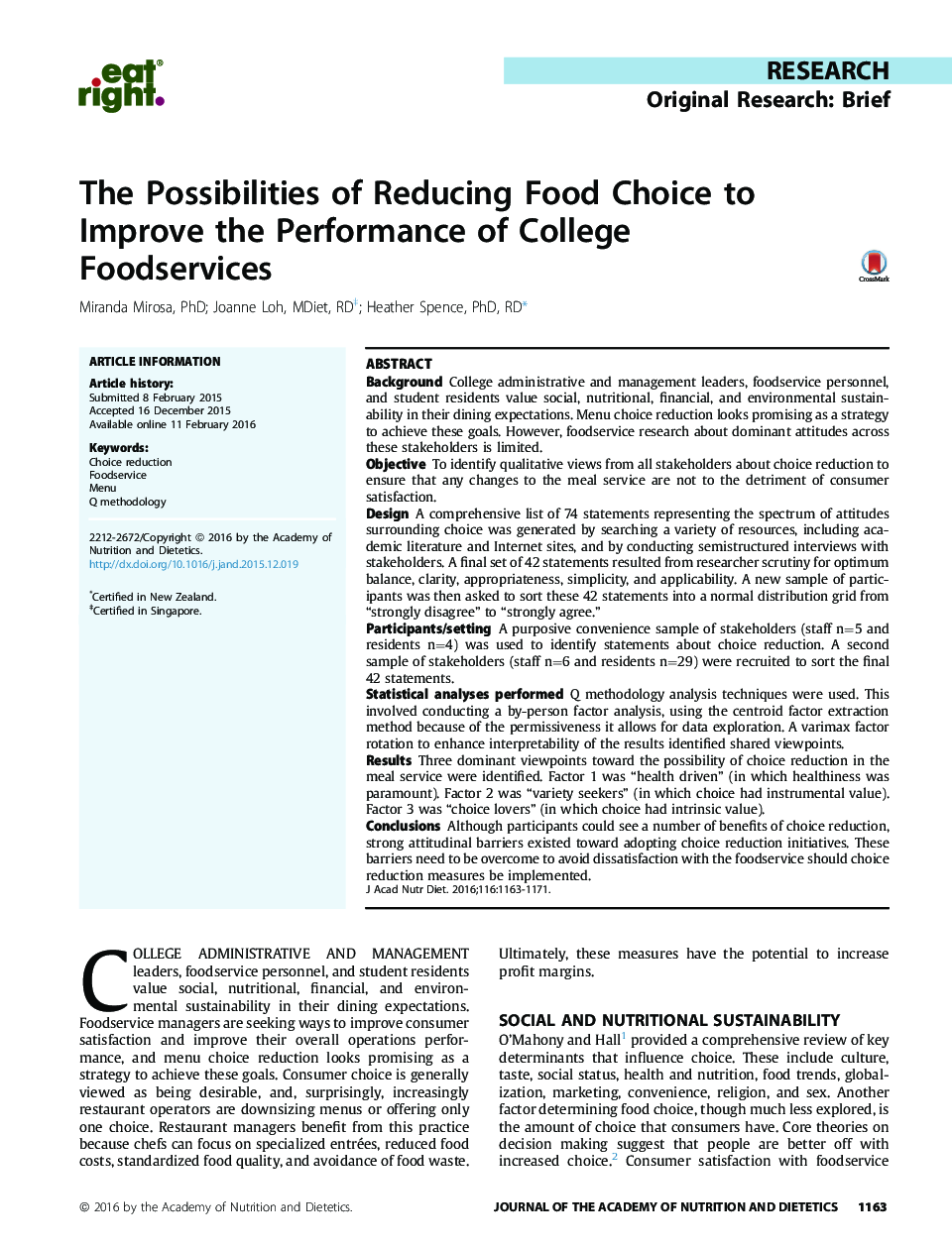 تحقیقات تحقیقاتی: گزینه های کمینه انتخاب غذایی برای بهبود عملکرد کالاهای غذایی کالج 