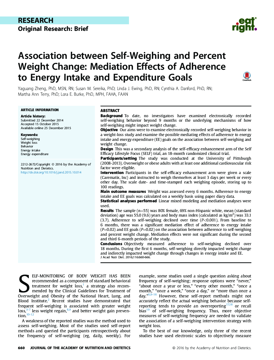 Association between Self-Weighing and Percent Weight Change: Mediation Effects of Adherence to Energy Intake and Expenditure Goals