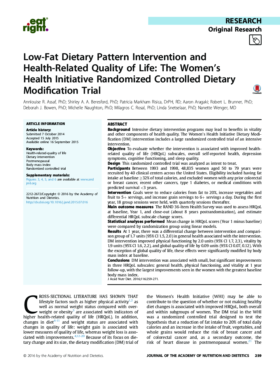 Low-Fat Dietary Pattern Intervention and Health-Related Quality of Life: The Women's Health Initiative Randomized Controlled Dietary Modification Trial