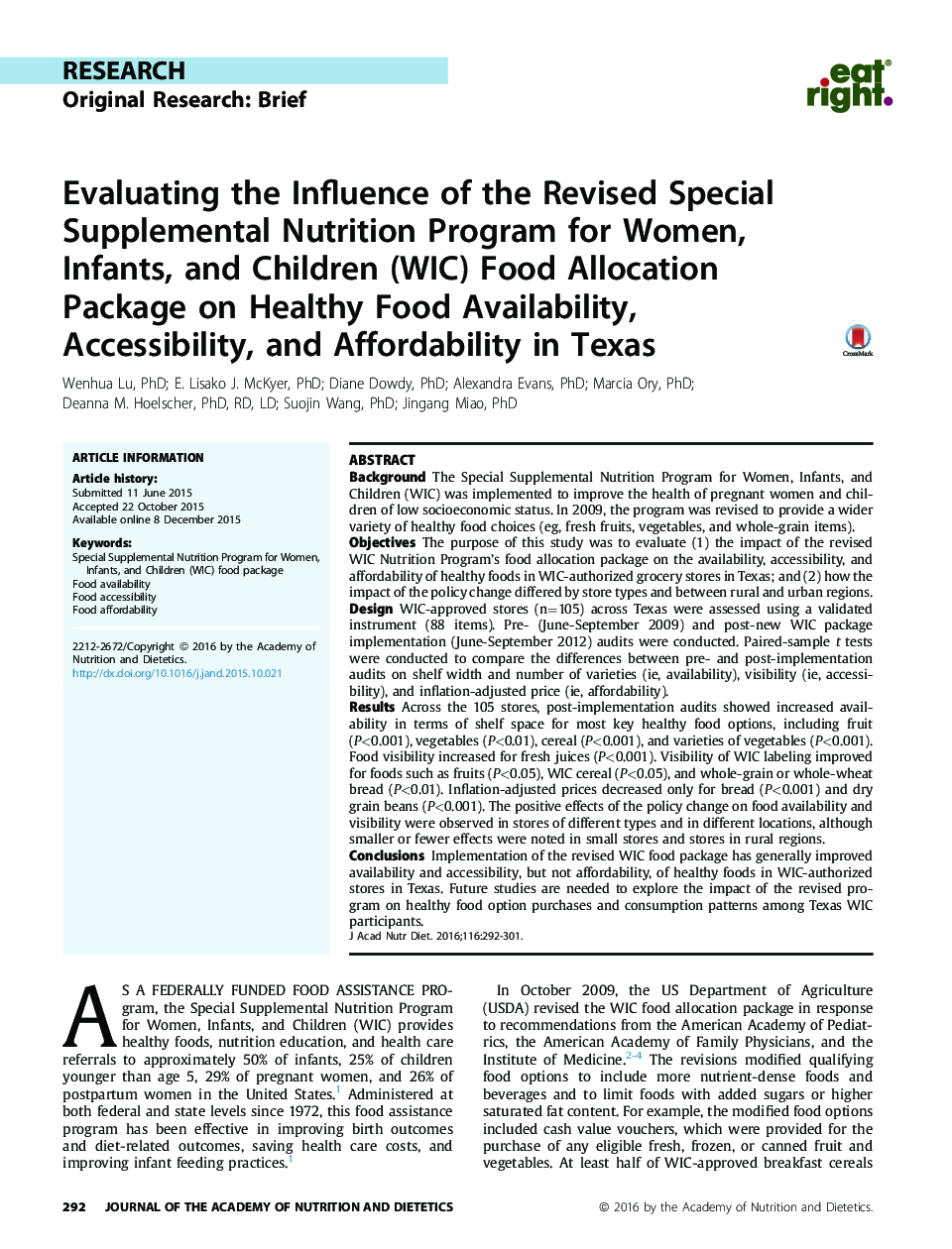 Evaluating the Influence of the Revised Special Supplemental Nutrition Program for Women, Infants, and Children (WIC) Food Allocation Package on Healthy Food Availability, Accessibility, and Affordability in Texas