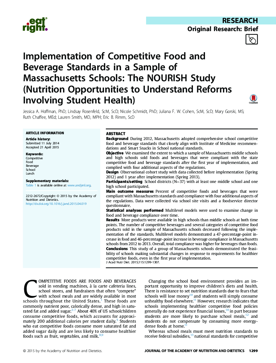 Implementation of Competitive Food and Beverage Standards in a Sample of Massachusetts Schools: The NOURISH Study (Nutrition Opportunities to Understand Reforms Involving Student Health)