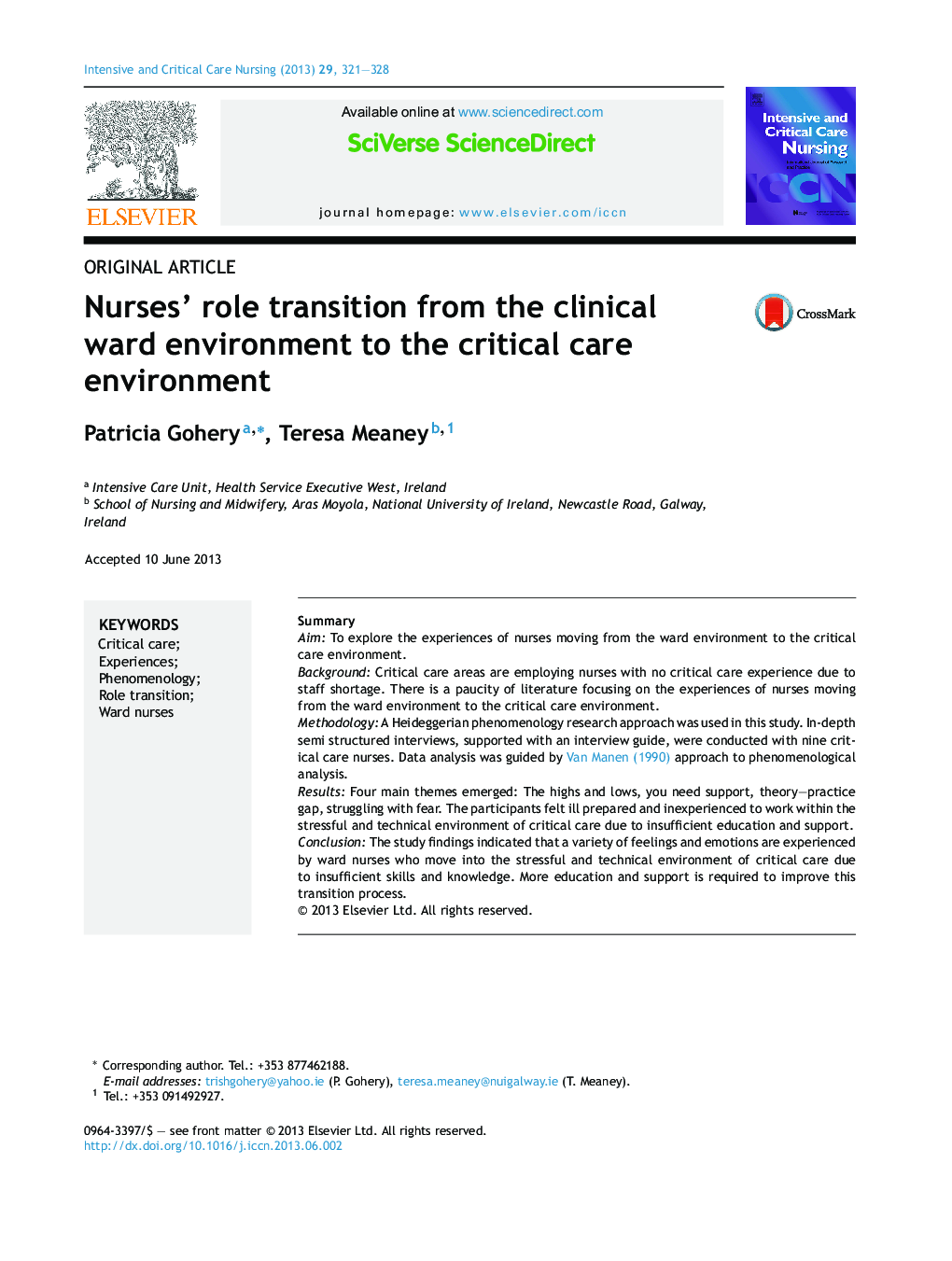 Original articleNurses' role transition from the clinical ward environment to the critical care environment