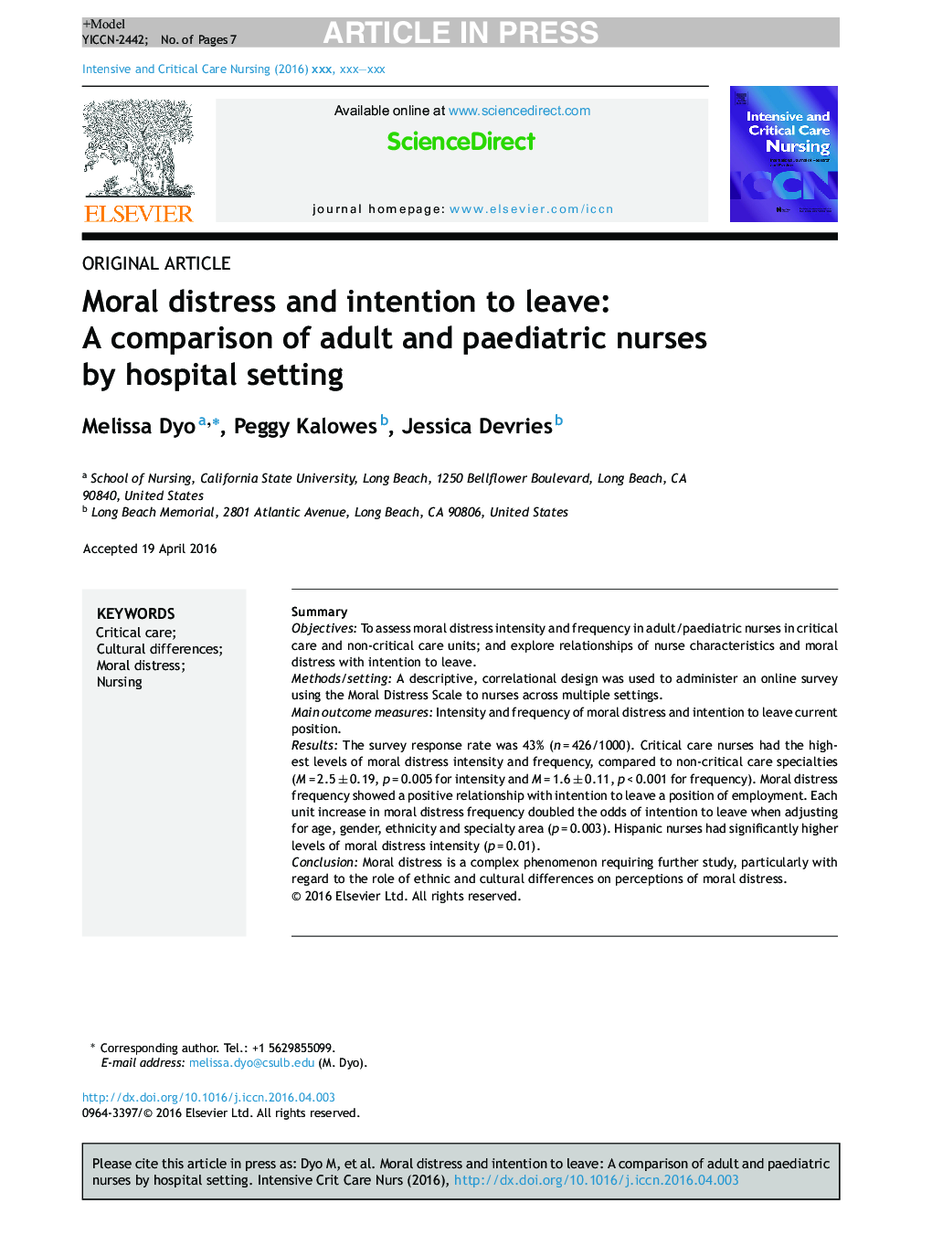 Moral distress and intention to leave: A comparison of adult and paediatric nurses by hospital setting