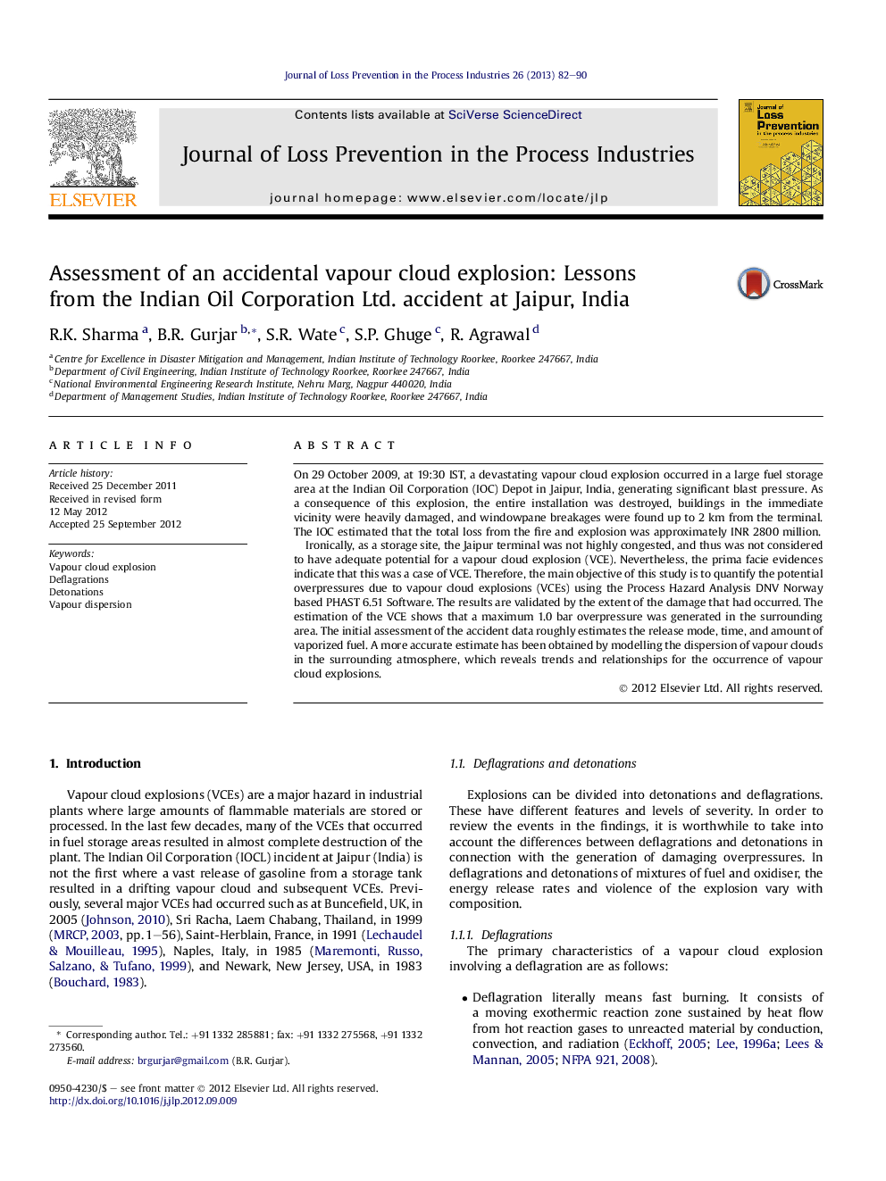 Assessment of an accidental vapour cloud explosion: Lessons from the Indian Oil Corporation Ltd. accident at Jaipur, India