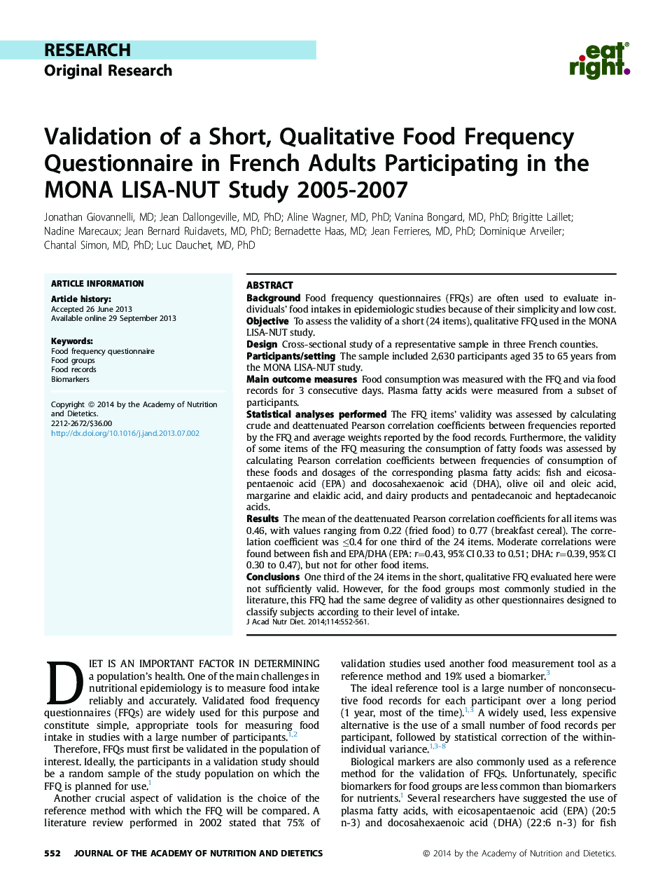ResearchOriginal ResearchValidation of a Short, Qualitative Food Frequency Questionnaire in French Adults Participating in the MONA LISA-NUT Study 2005-2007