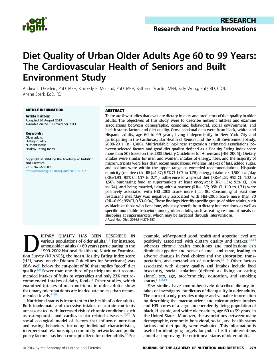 Diet Quality of Urban Older Adults Age 60 to 99 Years: The Cardiovascular Health of Seniors and Built Environment Study