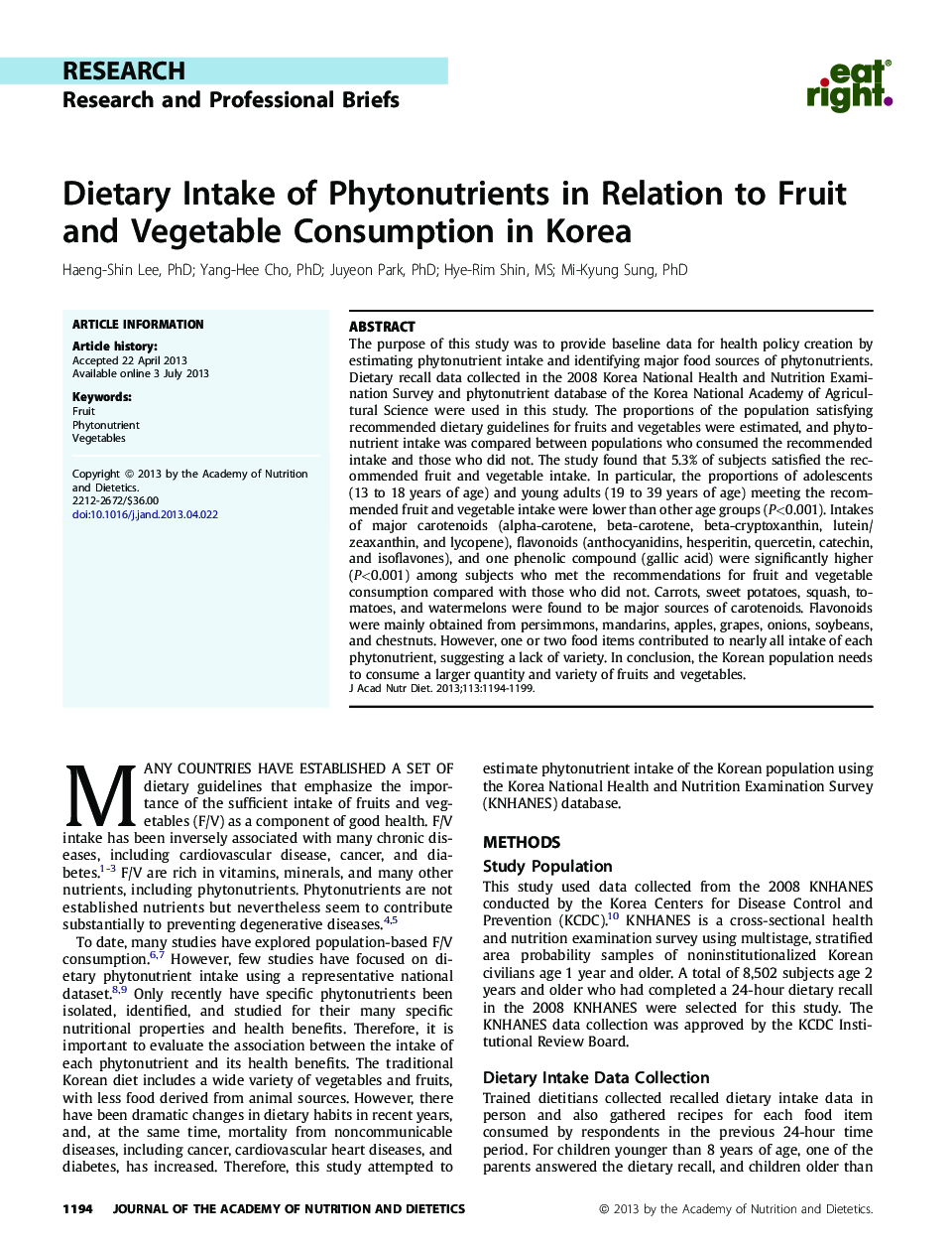 ResearchResearch and Professional BriefsDietary Intake of Phytonutrients in Relation to Fruit and Vegetable Consumption in Korea