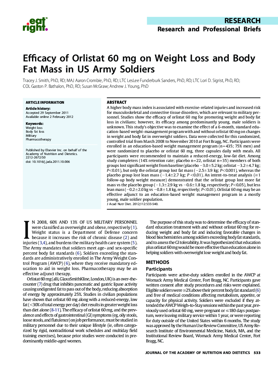 ResearchResearch and Professional BriefEfficacy of Orlistat 60 mg on Weight Loss and Body Fat Mass in US Army Soldiers