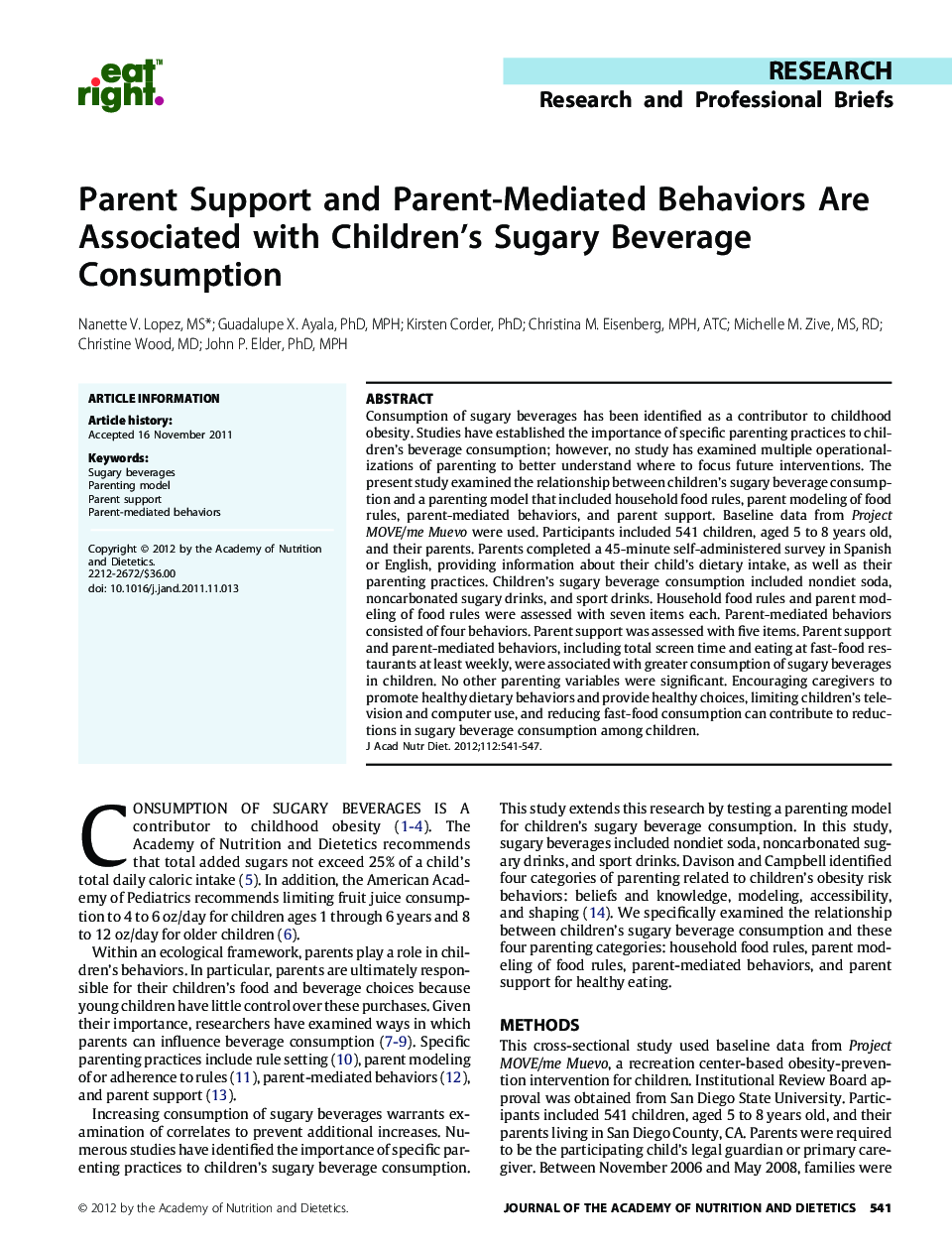 Parent Support and Parent-Mediated Behaviors Are Associated with Children's Sugary Beverage Consumption