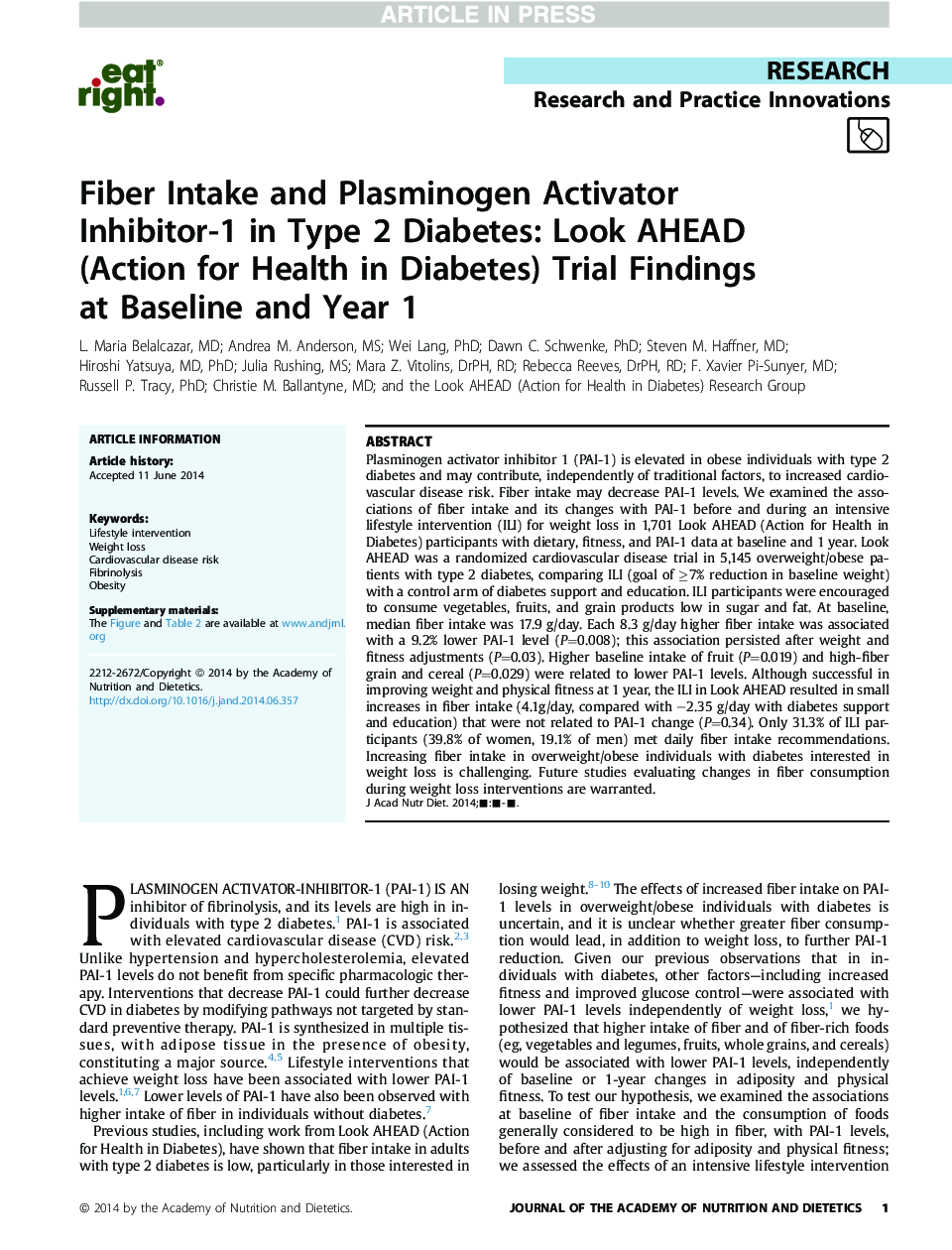 Fiber Intake and Plasminogen Activator Inhibitor-1 in Type 2 Diabetes: Look AHEAD (Action for Health in Diabetes) Trial Findings atÂ Baseline and Year 1