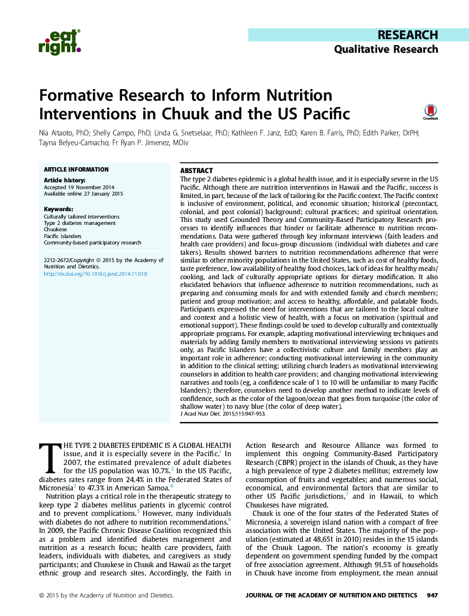 ResearchQualitative ResearchFormative Research to Inform Nutrition Interventions in Chuuk and the US Pacific