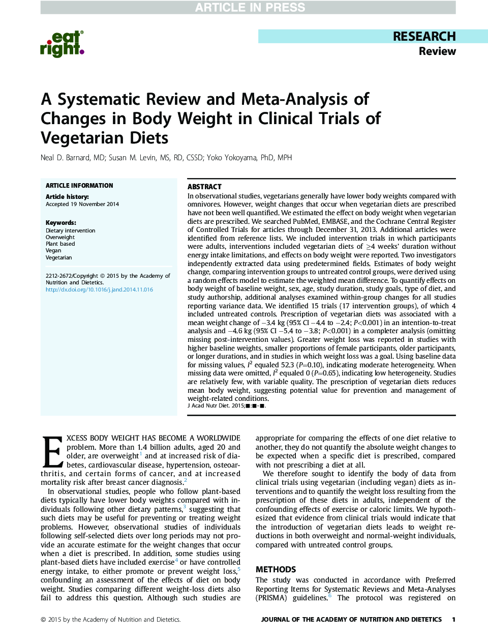 A Systematic Review and Meta-Analysis of Changes in Body Weight in Clinical Trials of Vegetarian Diets