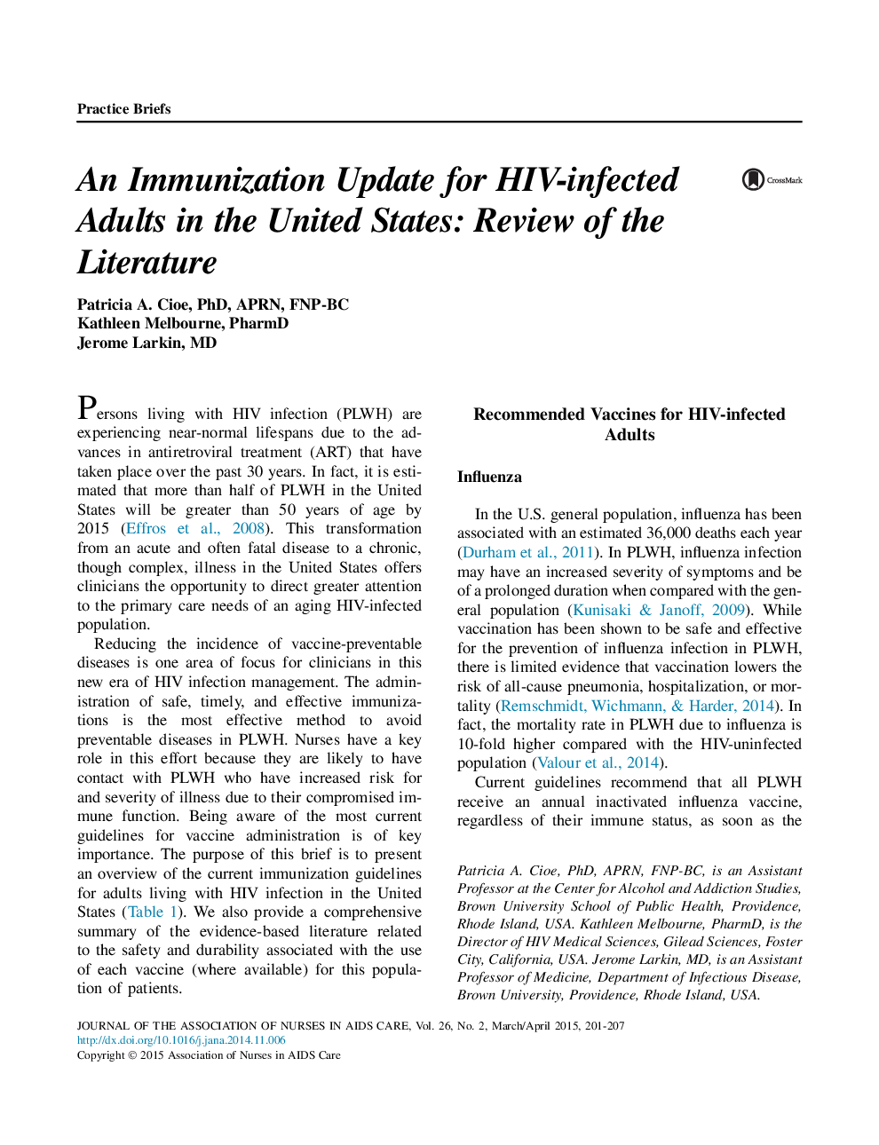 An Immunization Update for HIV-infected Adults in the United States: Review of the Literature