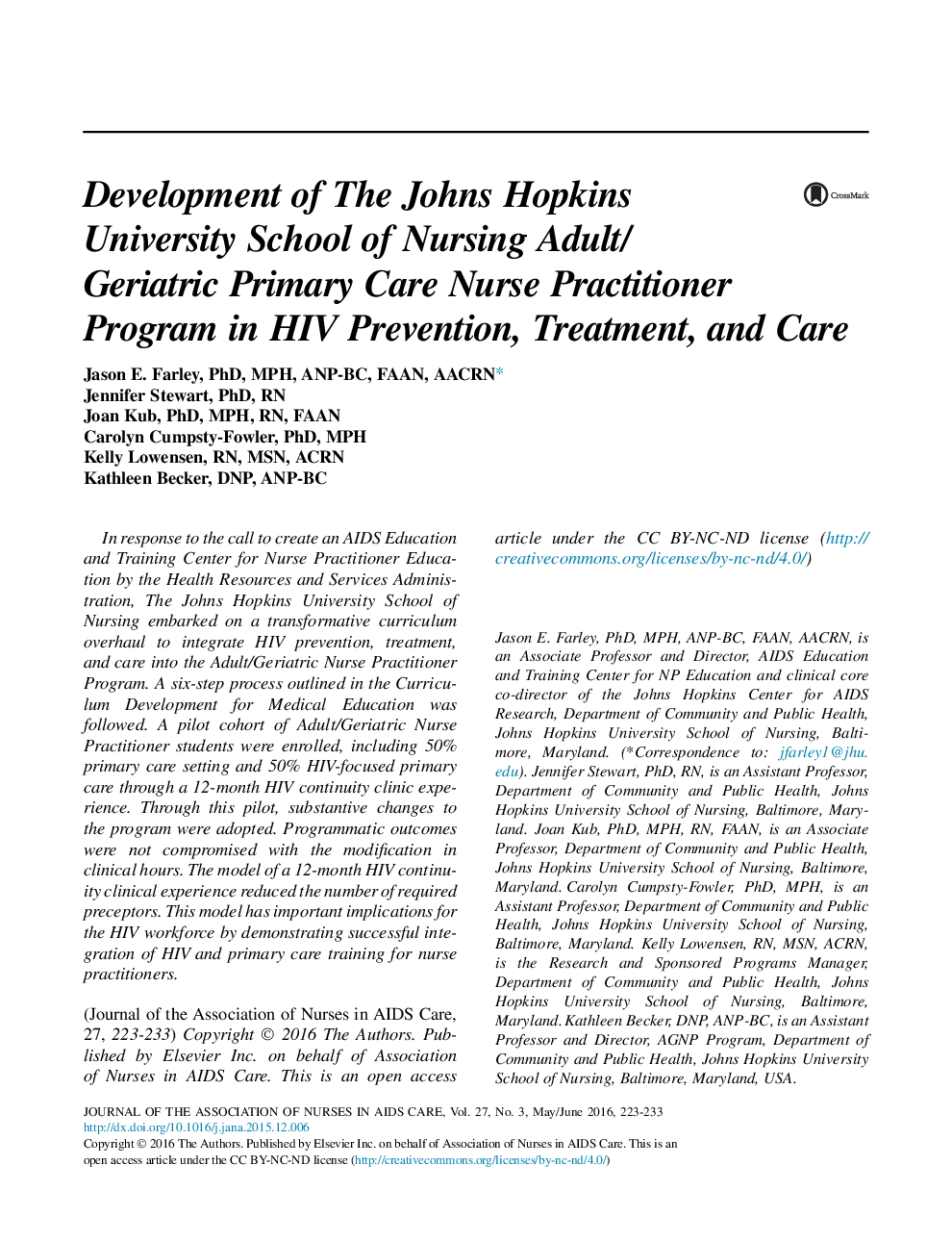 Development of The Johns Hopkins University School of Nursing Adult/Geriatric Primary Care Nurse Practitioner Program in HIV Prevention, Treatment, and Care