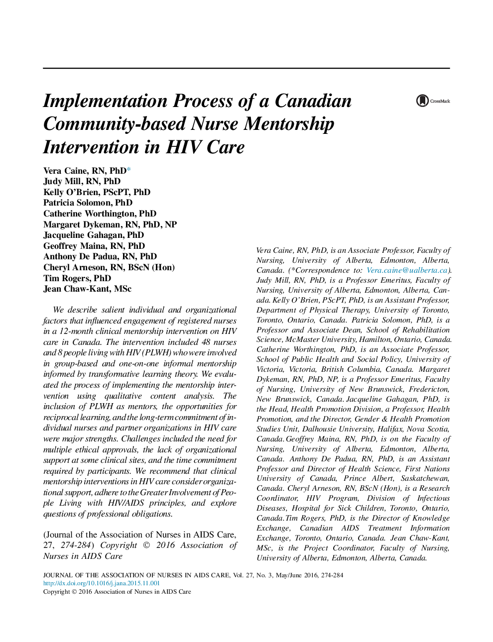FeatureImplementation Process of a Canadian Community-based Nurse Mentorship Intervention in HIV Care