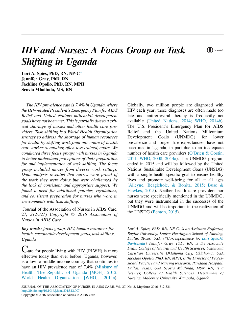 HIV and Nurses: A Focus Group on Task Shifting in Uganda