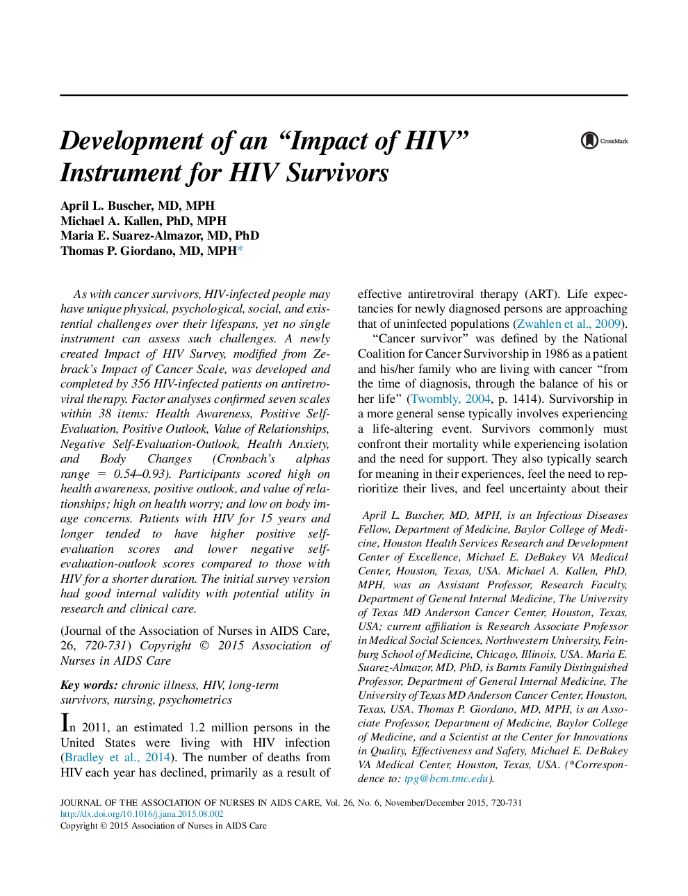 Development of an “Impact of HIV” Instrument for HIV Survivors