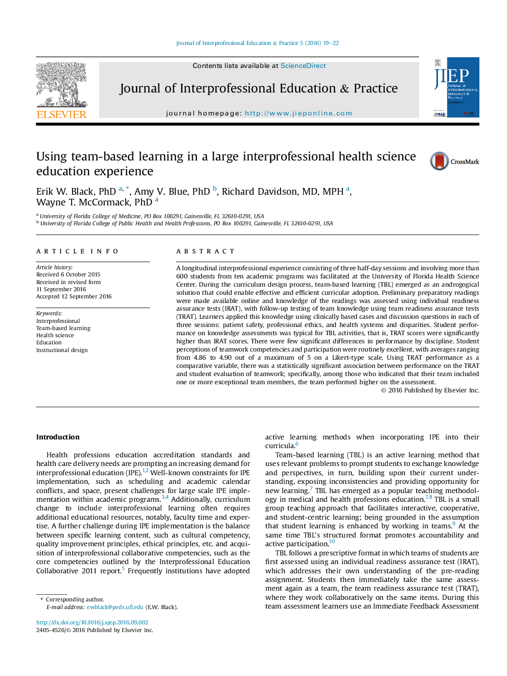 Using team-based learning in a large interprofessional health science education experience